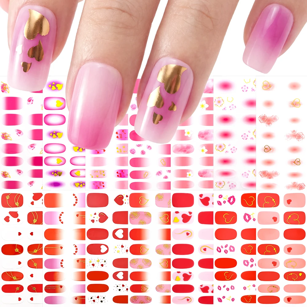 1sheets Gradient Blusher Pink Peach Blossom Nail Polish Strips Stickers Full Cover Nail Patch Of Heart Rose Flower DIY Valentine