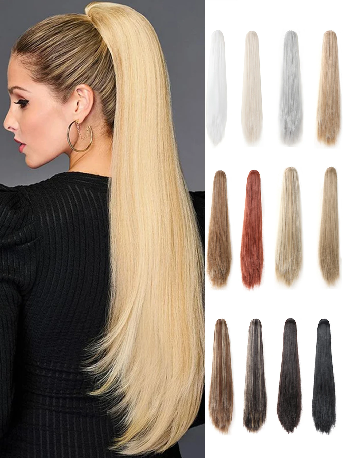 

Ponytail Extension Straight Hair 20Inch Long Synthetic Fake Pony Tail Wig Clip in Claw Clips Extensions Fluffy Faux Hair