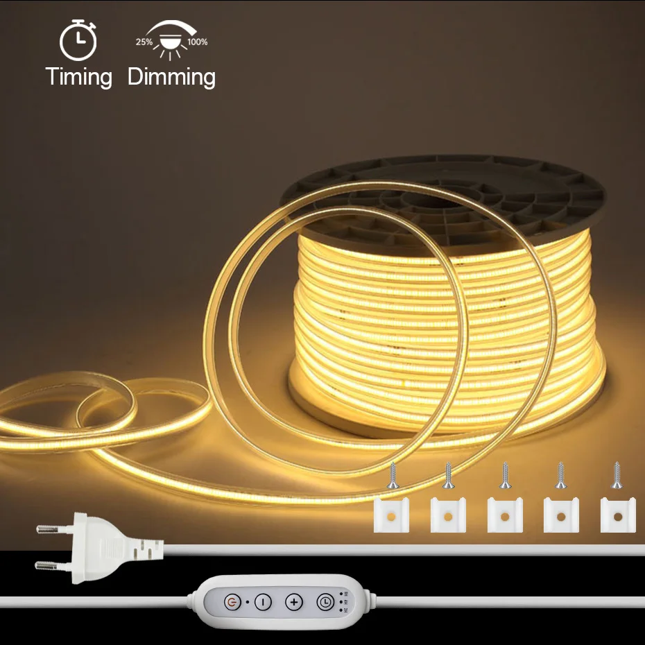 

Светодиодная лента COB 220В с вилкой EU/UK/AU, 1-25м, с диммером и таймером, 288 светодиодов/м, водонепроницаемая, для внутреннего и наружного использования, для дома, неоновая LED-лента