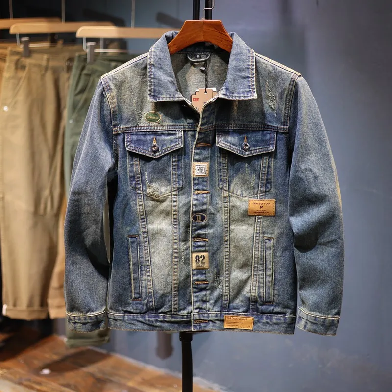 Men's Vintage Ripped Jeans Jacket Fashion Retro Distressed Denim Coat With Patches Washed Cowboy Outerwear Size M-5XL