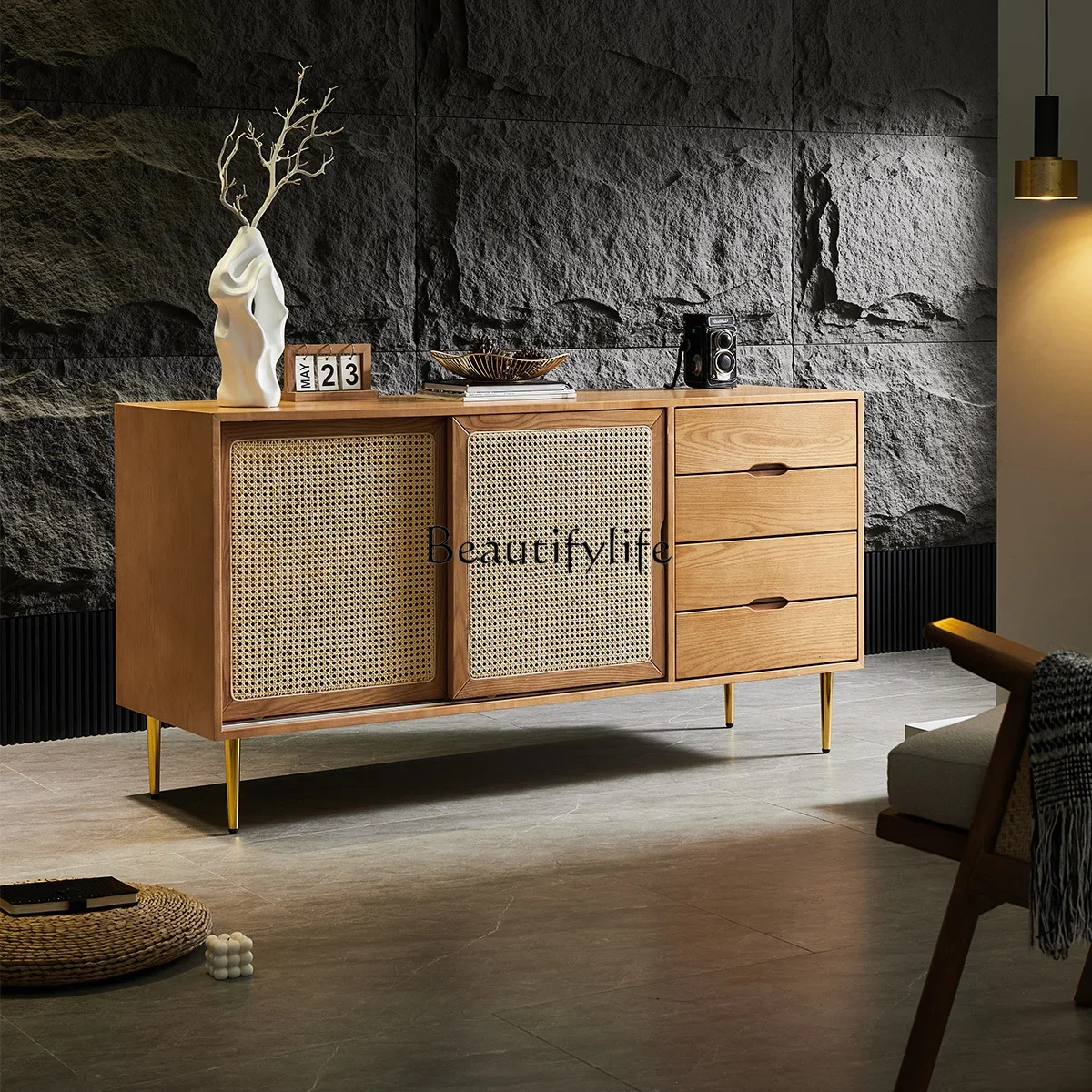 

yj7 Wabi Sandy Wind Solid Wood Side Cabinet Japanese Rattan Locker Sliding Door