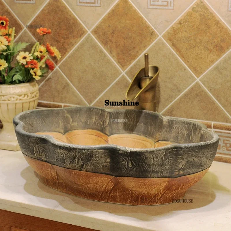 Chinese Retro Bathroom Washbasins Southeast Asian Ceramic Bathroom Sinks Creative Oval Table Basin Household Large Art BasinY