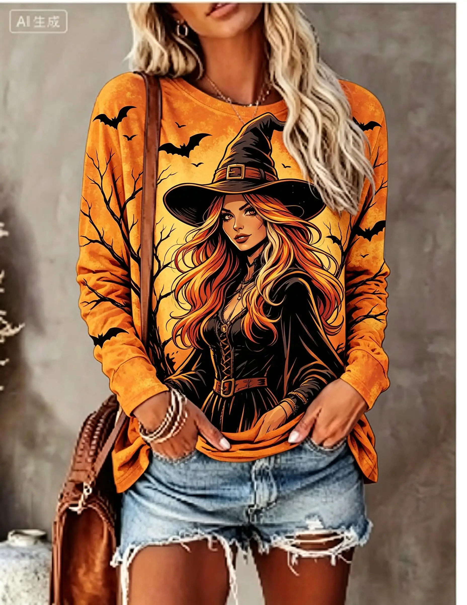 Women Halloween Long Sleeve T‑Shirt Witch Girl Dead Tree Bat Print Crew Neck Fall Casual Tops