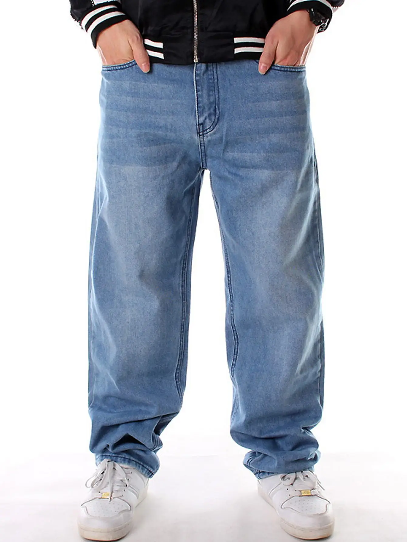 European and American plus size new men's jeans straight tube loose non elastic pants bicycle street style light blue denim pant