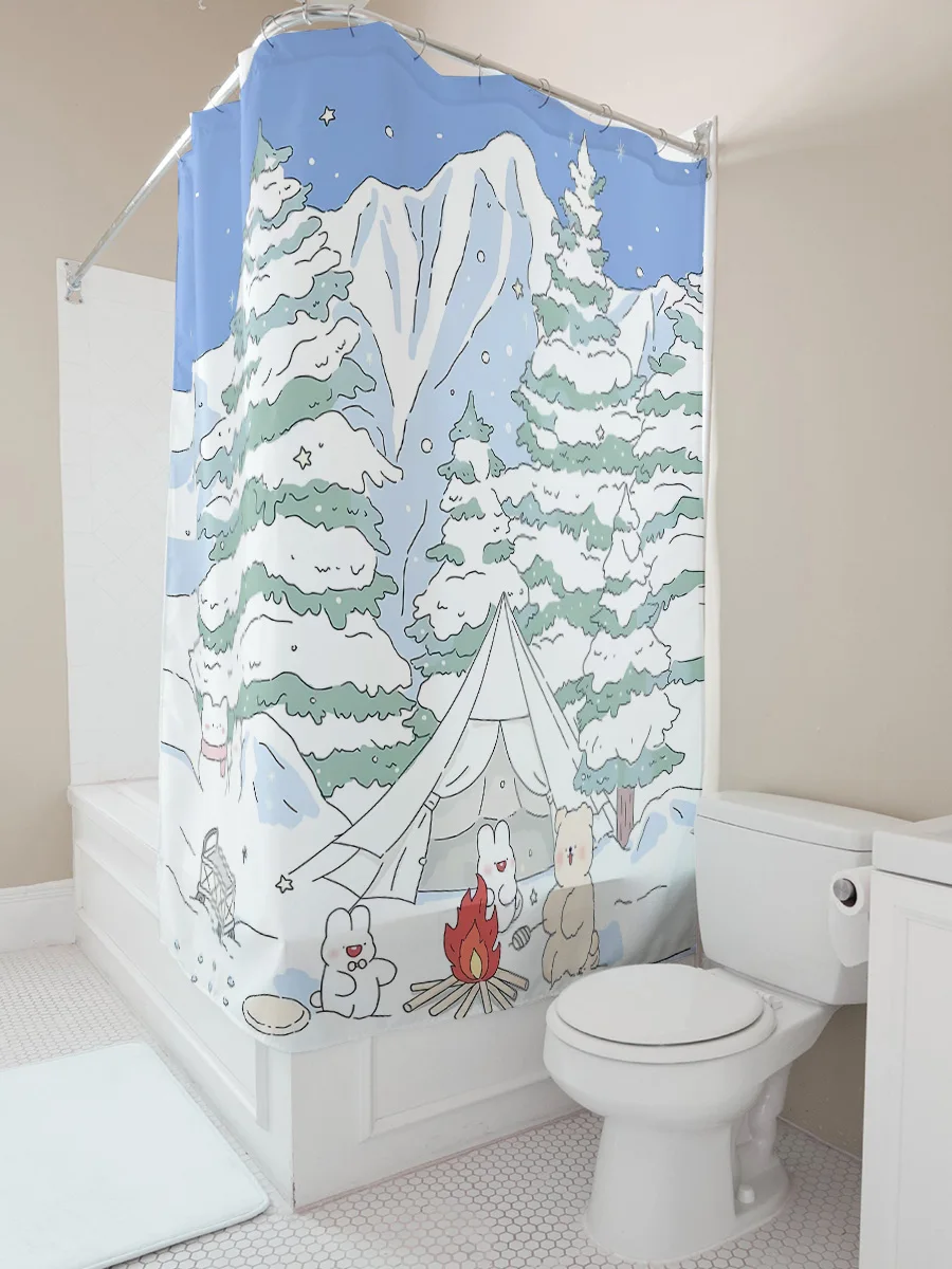 

Очаровательная снежная занавеска для душа для кемпинга с милыми мультяшными животными вокруг костра в зимнем стране чудес, декор, водонепроницаемый, прочный