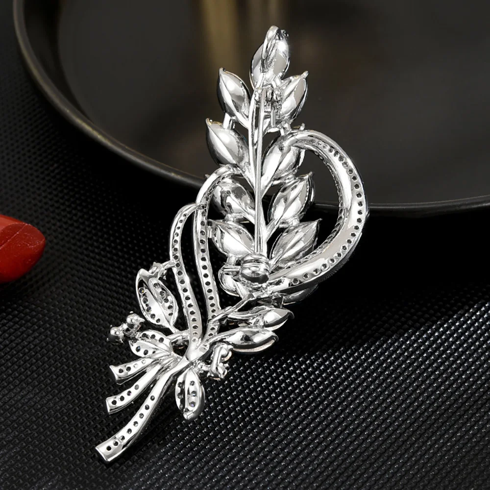 Shining Blue Glass Flower Brooches For Women Vintage Large Crystal Bouquet Geometric Leaf Feather Lapel Pin Party Jewelry