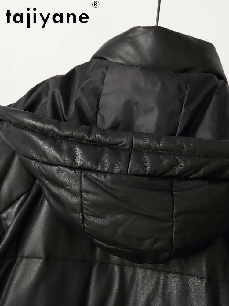 TAJIYANE 100% piumino d'oca in pelle di pecora a grana superiore con cappuccio nero lungo piumino in vera pelle donna 2025 abiti invernali و
