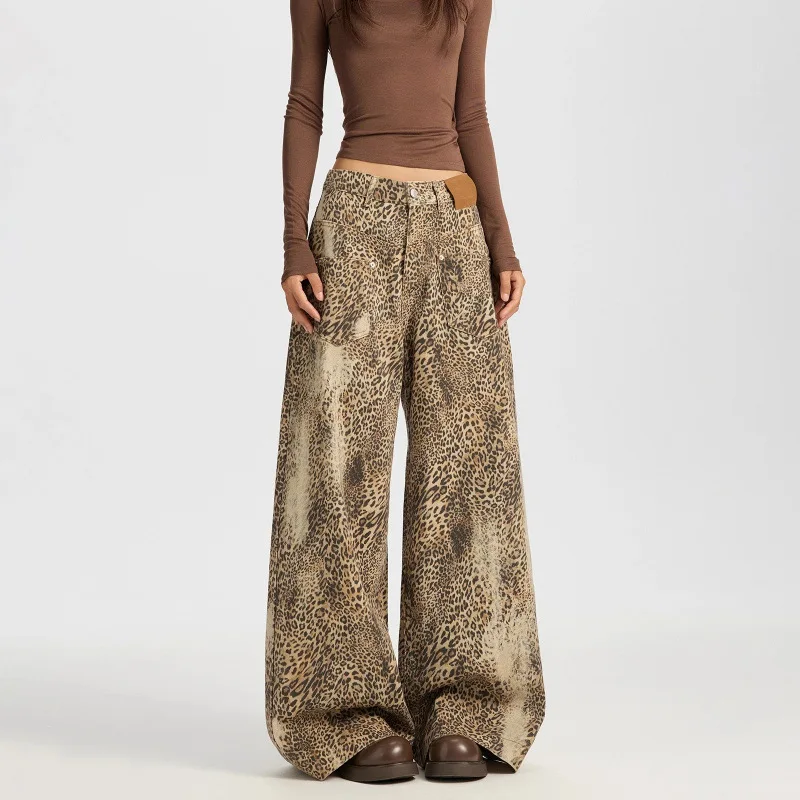 2026 autumn new american retro leopard print wide-leg pants