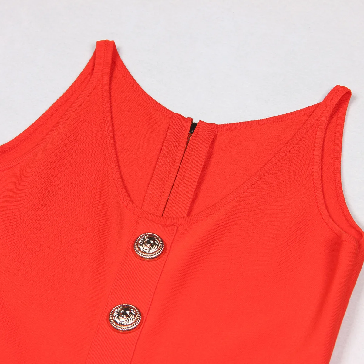 High Quality Summer Sleeveless O Neck Mini Dress Women Lion Head Gold Buttons Red Dresses for Women Sling Cotton Knit Vistidos