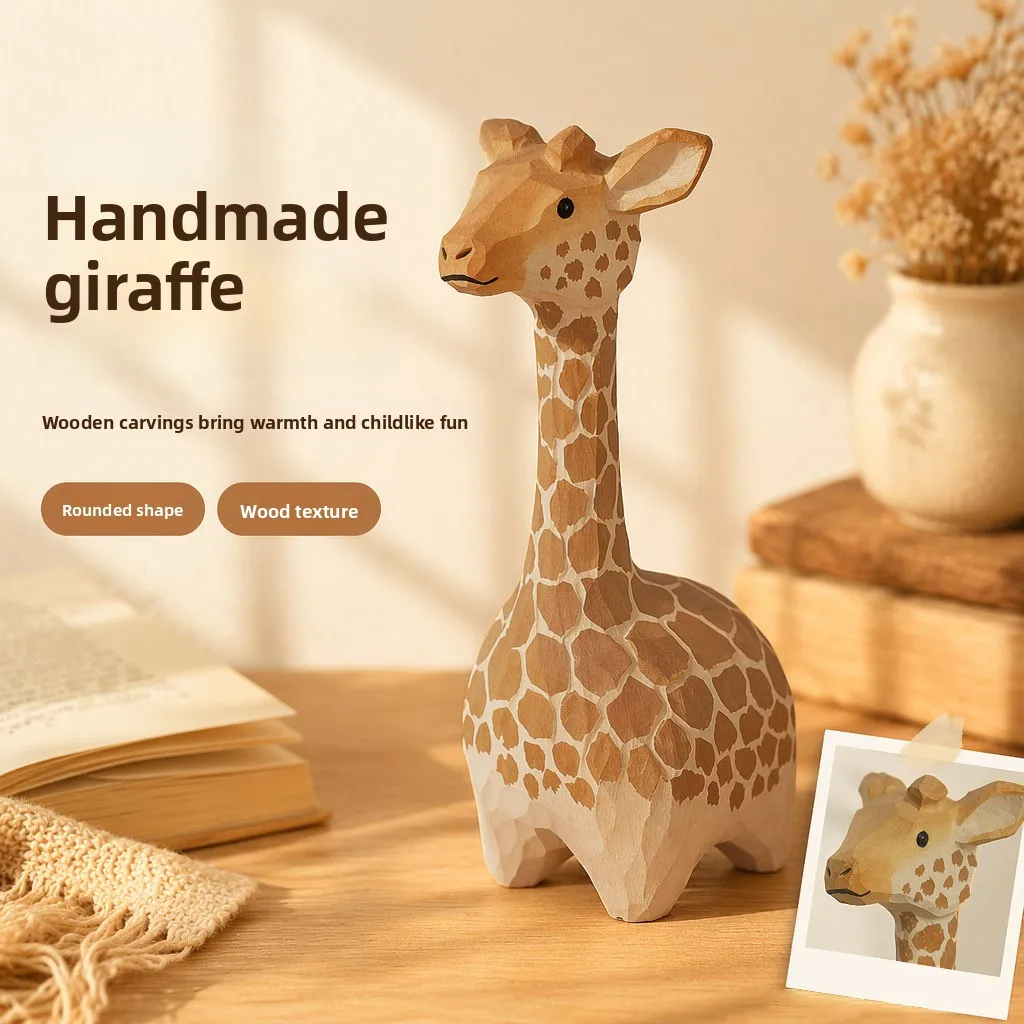Hand‑carved woodcraft giraffe wooden ornament, small‑animal home decorative piece