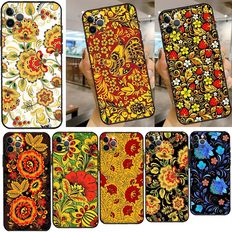 Khokhloma Russian Pattern Flower For iPhone 14 12 13 Pro X XS XR 7 8 Plus 11 Pro Max SE2 Funda Coque Capa Full Cover