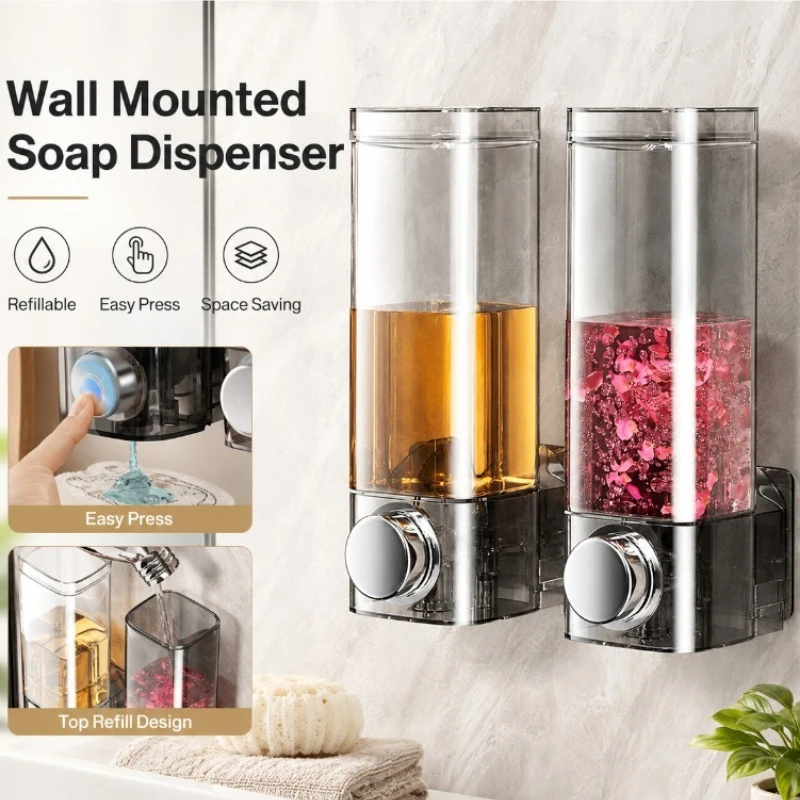 Wall Mounted Hand Sanitizer Dispenser No-Drilling Installation Shampoo Gel Dispenser Press Pump Container for Bathroom Hotel