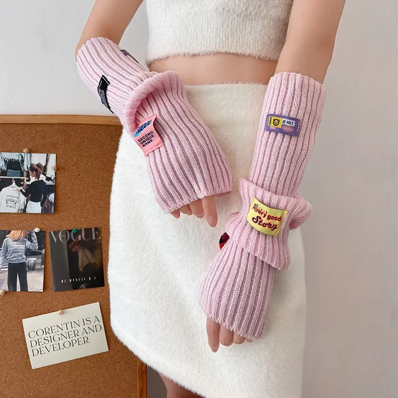 Guanti senza dita per ragazza rosa etichetta con lettera colorata Y2k ragazza Cute Arm Covers scaldamuscoli Harajuku polsini lavorati a maglia caldi