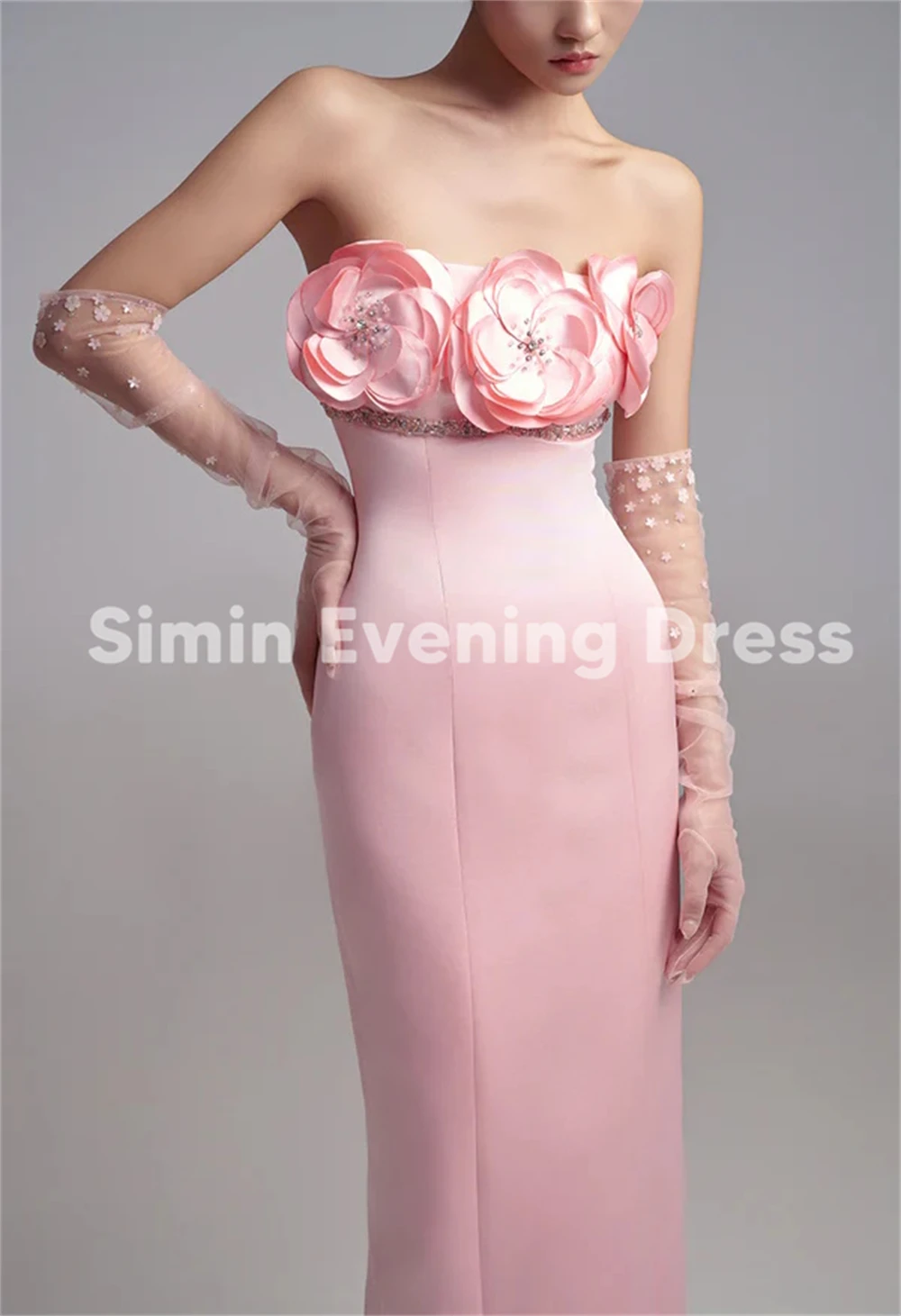 Simin feminino 3d flores frisado sem alças vestidos de noite sauditas sem mangas com luvas longas até o tornozelo vestidos elegantes 2025