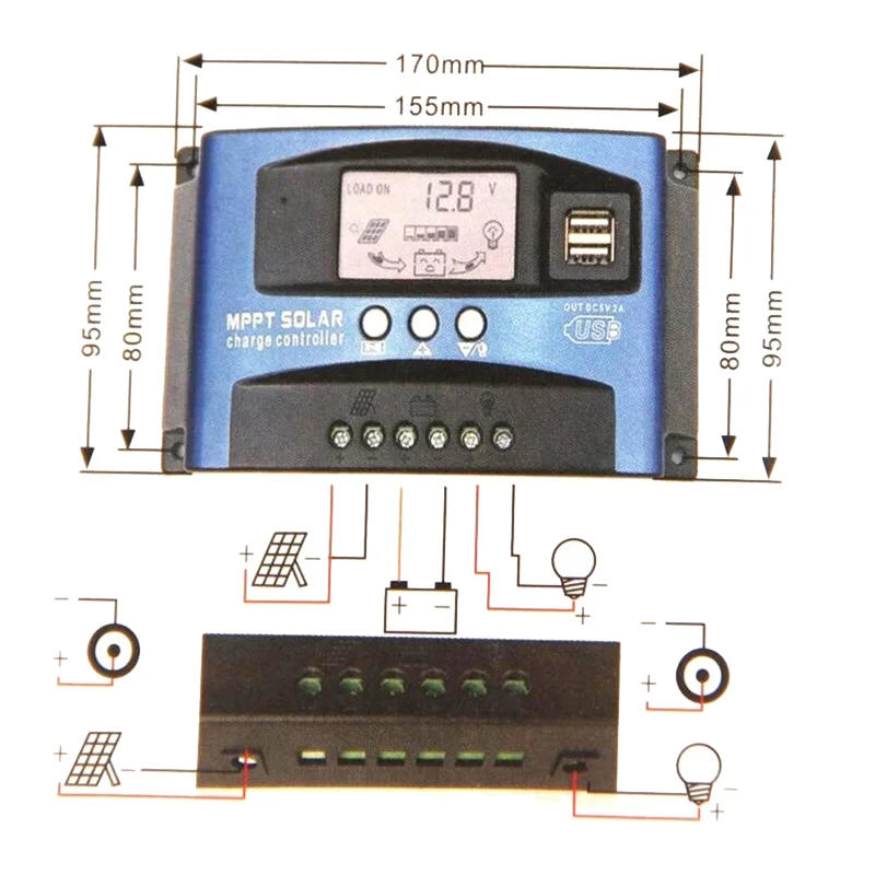 MPPT Solar Controller Dual USB LCD Display 12V 24V Auto Solar Cell Panel Charger Regulator with Load(60A)