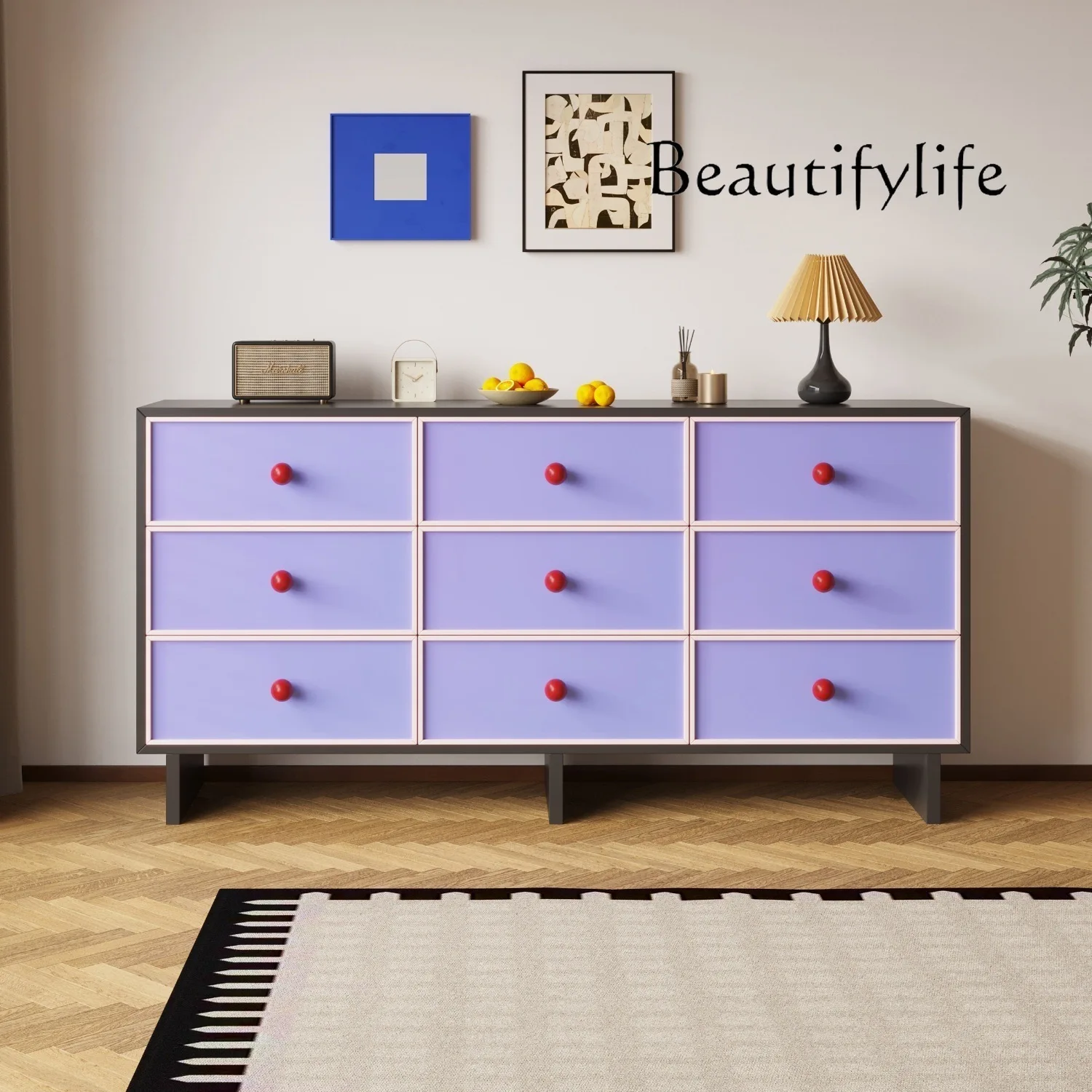 French retro nine-chest cabinet color matching solid wood side cabinet entrance living room storage drawer cabinet six matte