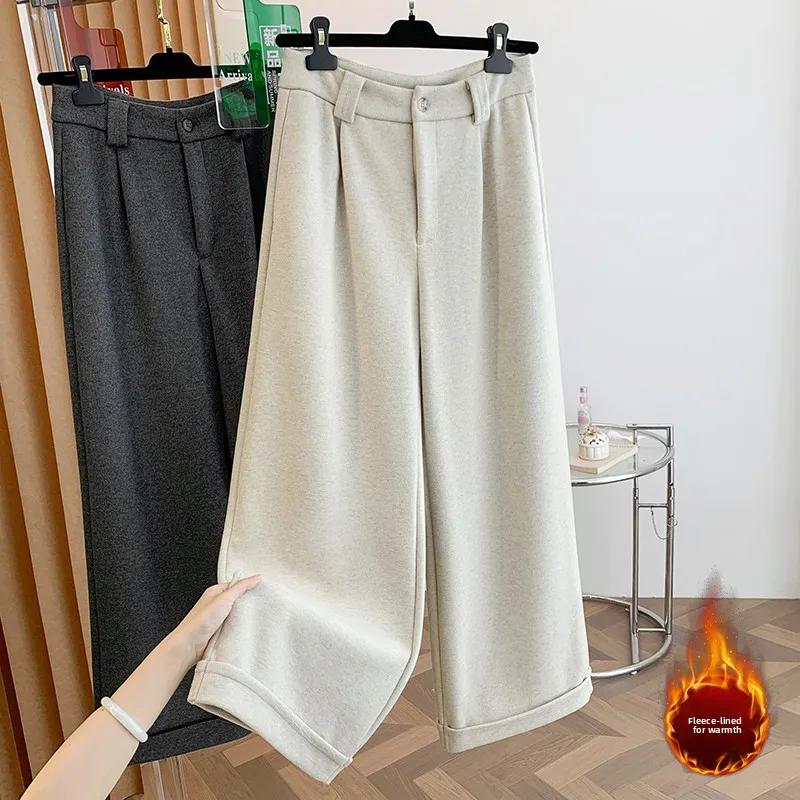 Pantaloni a gamba larga da donna nuovi invernali Pantaloni casual larghi foderati in lana Fce Pantaloni lunghi dritti Faion con risvolto