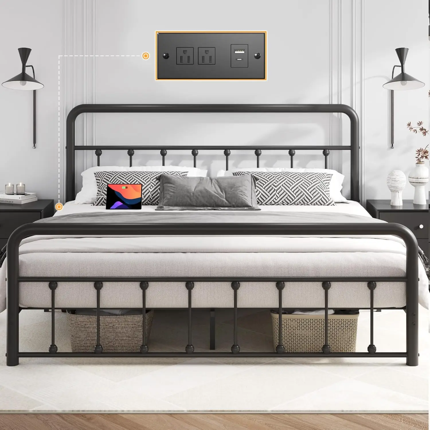 Bed Frame Classic Metal Platform Bed Frame with Charging Station & LED, Victorian Style Iron-Art Headboard/Footboard, Under Bed