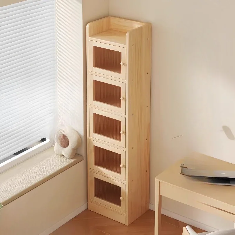 Solid wood corner bookshelf floor rack, pine narrow slot cabinet Children's household storage cabinet