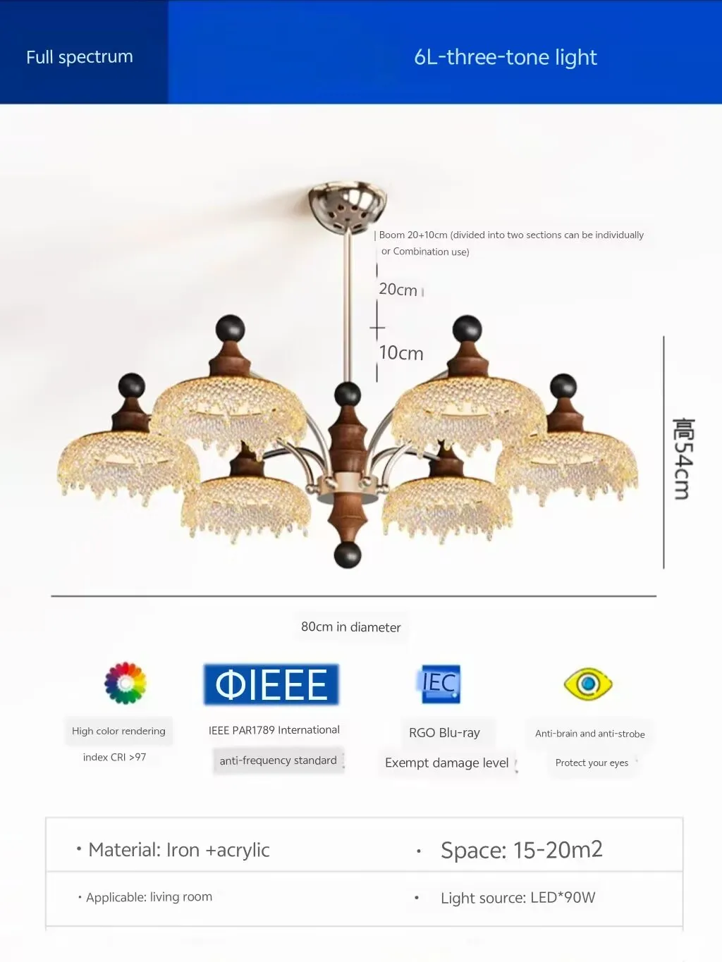 Medieval style living room chandelier, French vintage walnut pattern luxury droplet shaped chandelier