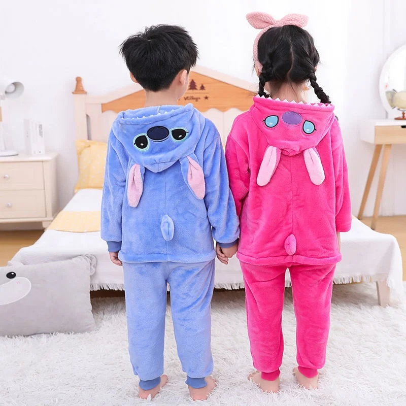 Disney Stitch Onesie Couple Flannel Sleepwear Unisex Cartoon Animal Pajamas Set Winter Women Men Warm Flannel Hooded Pyjama Gift