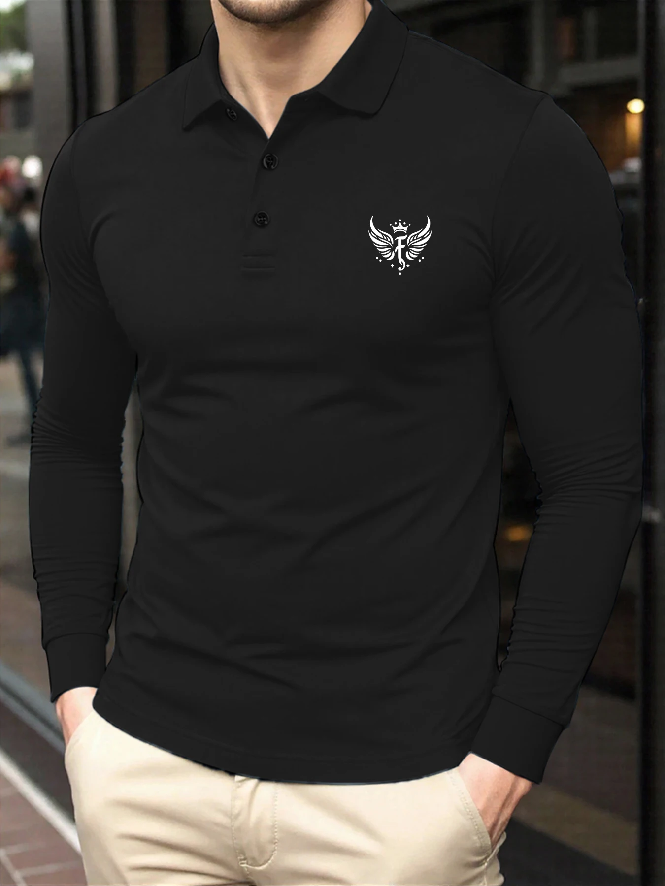 

Crown Wing Letter F Simple Prints Men T-Shirt Multicolor Button Polo Shirts Comfortable Long Sleeved Tops Casual Autumn Clothes