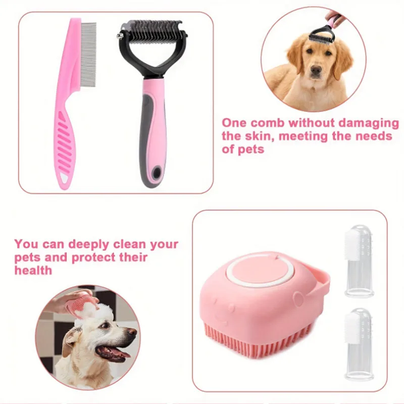 8-piece set of dog grooming tools, self-cleaning set, nail clippers, files, flea hair comb, silicone toothbrush, can be attached