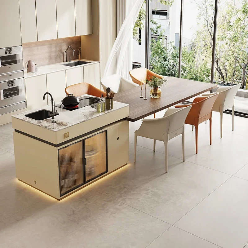 

Solid Wood Retractable Kitchen Island Dining Table Integrated Cream Style Minimalist Finished Kitchen Restaurant Guide Table