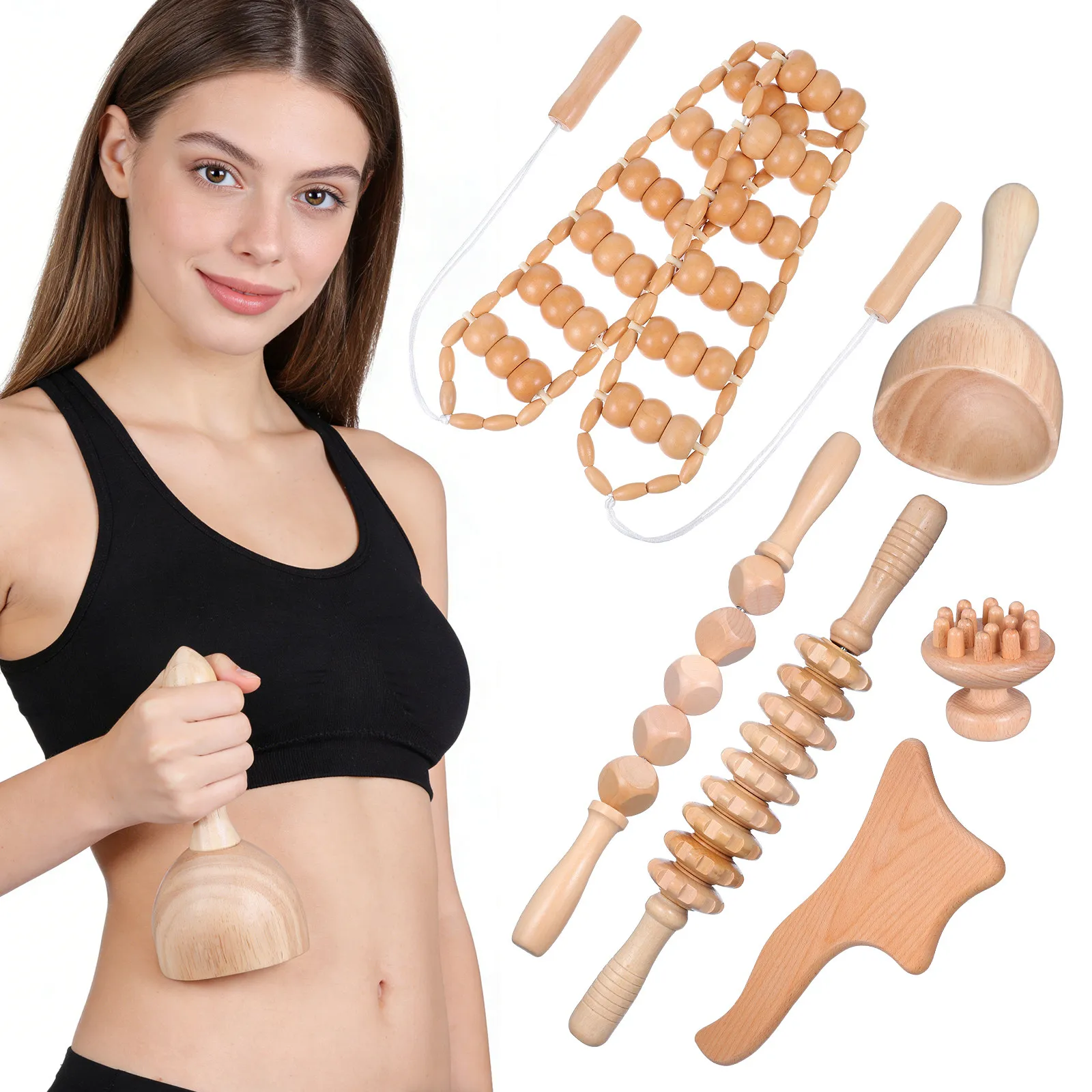 6Pcs Massage Tools Set Wood Therapy Massage Kit Back Massager Wooden Roller Stick Muscle Relaxing Manual Massager Tool view 3