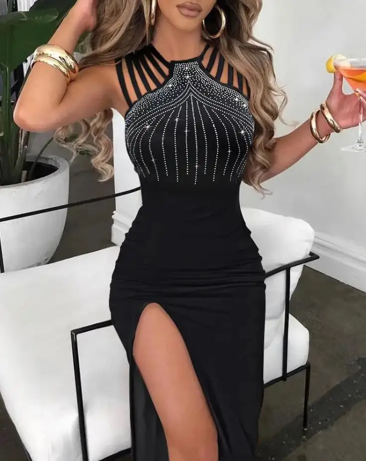 Rhinestone decoration with multiple thin strips, decorative collar, tight fitting bag, hip high slit, women's sexy dress, dinner