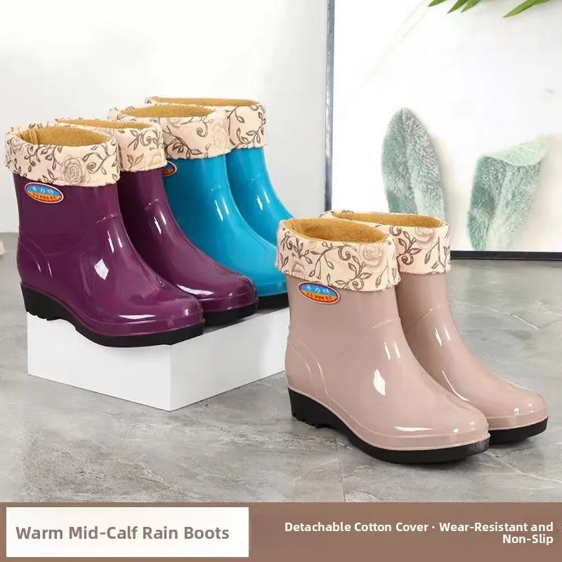 

Ladies Mid-Calf Fleece Lined Warm Anti-Slip Water Shoes New Fashion Adult Rain Boots Wear-Resistant Kitchen Rubber Shoes