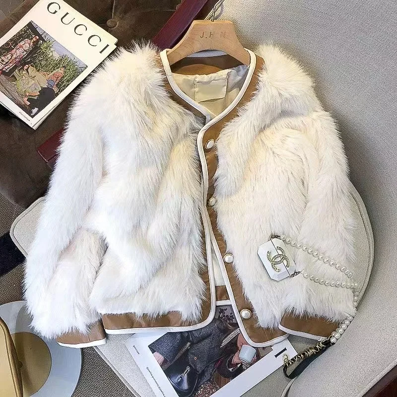 2024 New Winter Warm Faux Fur White Jaket Coat For Women Long Sleeve Fashion Female Crop Top Free Shipping Snow Outwear Clothes