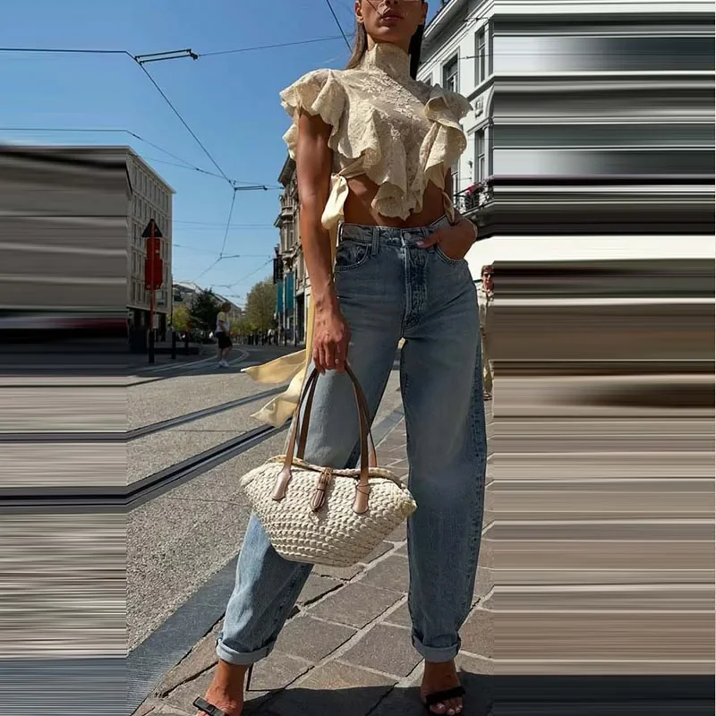 

Элегантная водолазка на шнуровке + брючный костюм, женская мода, нерегулярная одежда без рукавов, сексуальная кружевная вышивка, однотонные свободные комплекты из 2 предметов