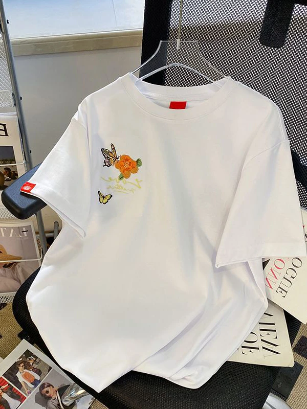 Extra Large Size 300 Pounds European Style Heavy Embroidery Short Sleeve T-Shirt Women Summer Loose Versatile round Neck Over...