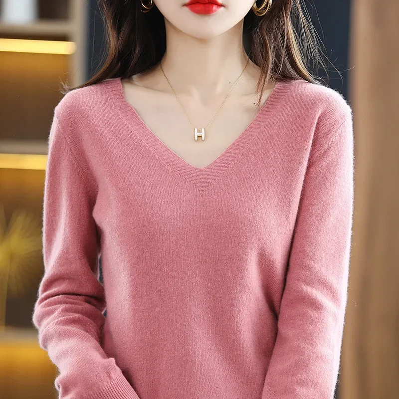 Women's V-Neck Knit Pullover Autumn Winter Slim Fit