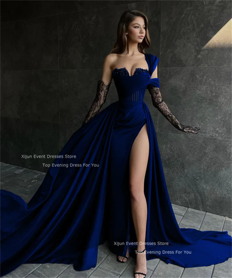 Xijun Zwart 2022 Prom Dresses Side Split Avondjurken Elegant Voor Vrouwen Met Handschoenen Een Schouder Trouwfeestjurken فستان سه