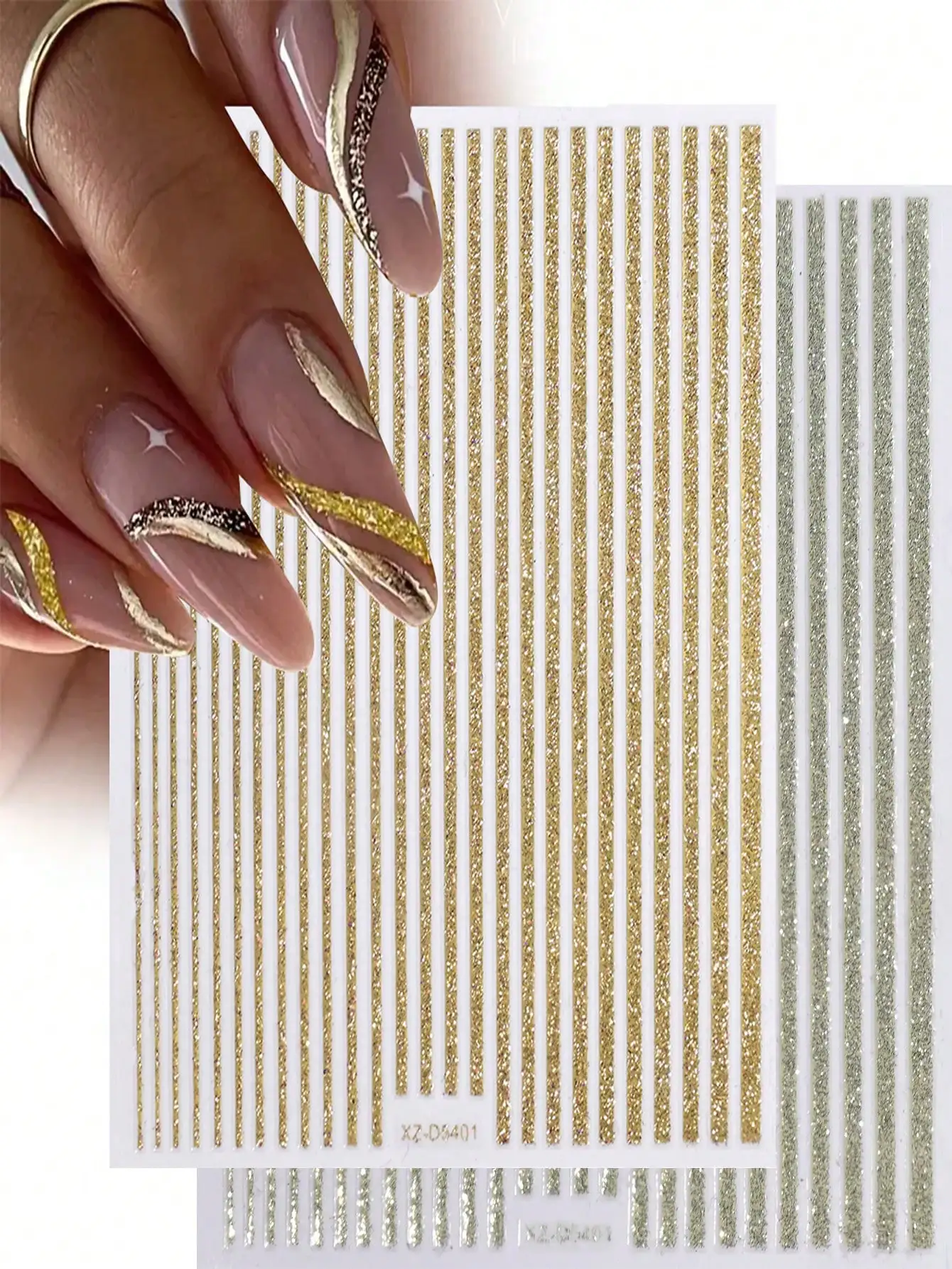 2Sheets Glitter French Line Nail Art Stickers,2pcs Fantasy Stripe Laser Line Nail Designs Stickers Colors