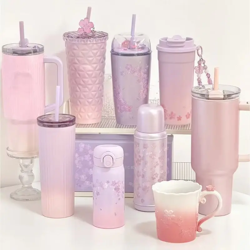 

Bk 26 Spring New Cherry Blossom Chic Insulated Tumbler Stainless Steel Large Capacity Double Straw For Office Outdoor Use