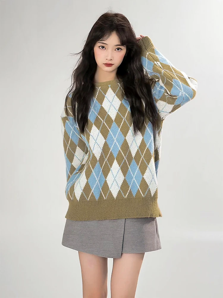 

INZEVUKA Korean Retro Color Blo Plaid Sweater Women's Winter New Loose High Sensation Long Sve Top Sweet Sle Online Ex...