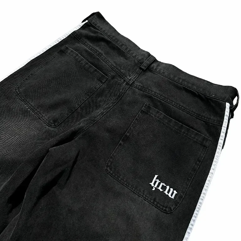 Baggy Jeans Harajuku Goth Y2k Jeans für Männer Schwarz Gestreifte Neue Hip Hop Gestickte Breite Bein Denim Hosen High Street Streetwear