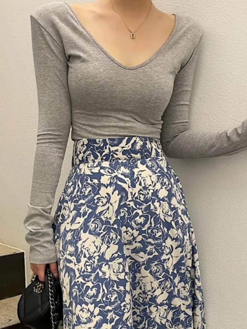 시크 롱 슬리브 티셔츠 숄더 패드 베이스 레이어 탄성 슬림핏 빅 U넥 다용도 패셔너블 이너웨어 봄 얇은 소재