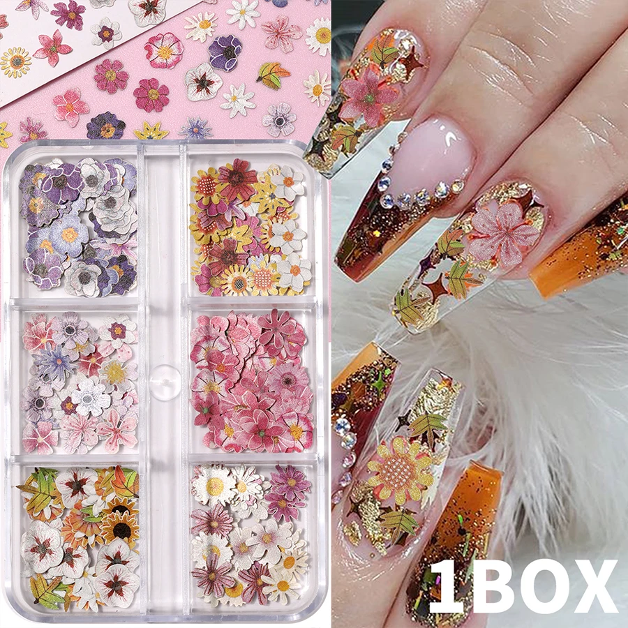 6 Grids Mixed Color Flower Nail Charms, Paper Flower Nail Art Decorations, Multi‑Color Floral Nail Slices for DIY Manicure Ornaments