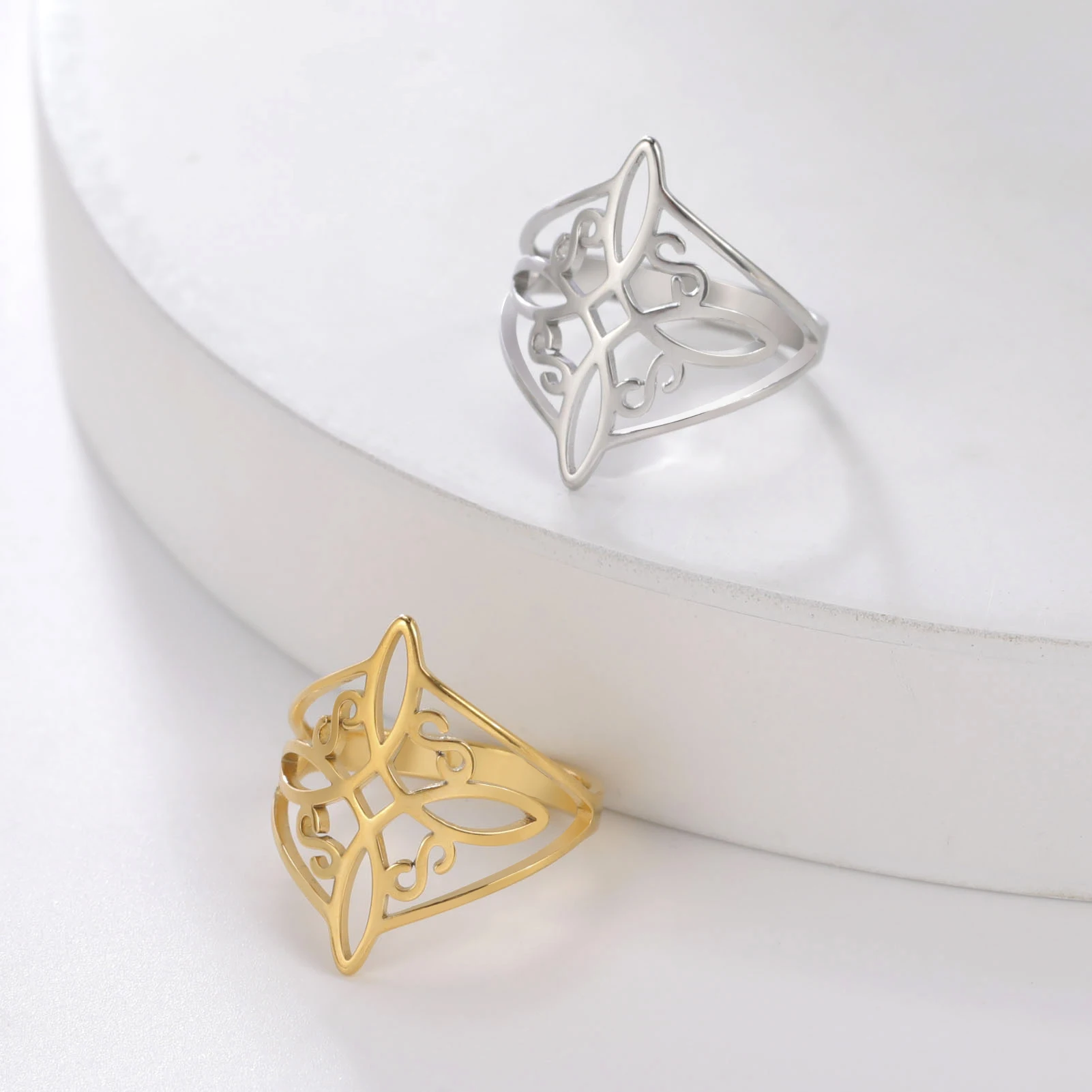 Skyrim Hexenknoten-Ring Edelstahl Goldfarben Hexerei-Amulett Schutz-Fingerringe Wicca-Kreuz Keltischer Knoten Schmuck – Detail 9