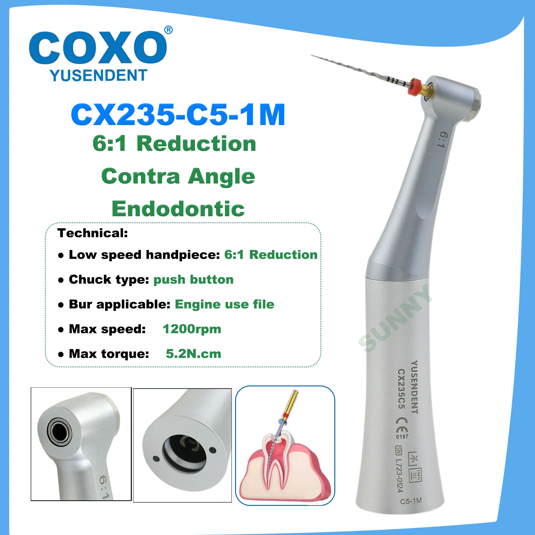 COXO Handpiece gigi pengurang 6:1 Handpiece kecepatan rendah tombol tekan Handpiece endodontik tipe E cocok Dentsply Sirona C5-1M Motor