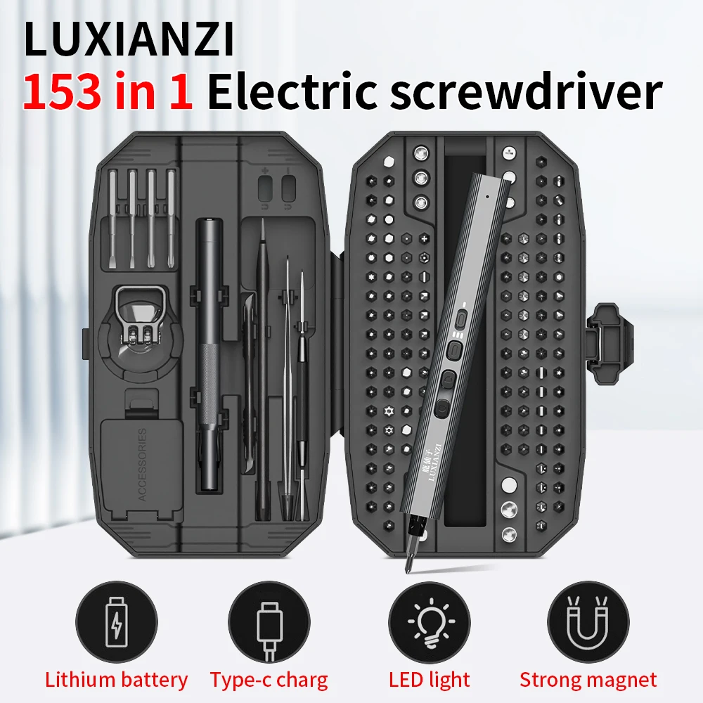 LUXIANZI Electric Cordless Screwdriver Set 153 IN1 S2 Magnetic Bit Portable Repair Tool USB Cordless Screw driver with LED