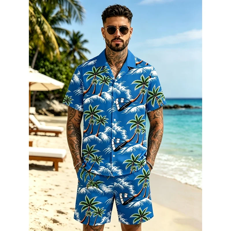 Conjunto de Dos Piezas de Verano para Hombre, Camiseta de Manga Corta con Estampado de Palmeras Hawaianas y Pantalones Cortos con Cintura Elástica y Bolsillos, Estilo Casual para Vacaciones