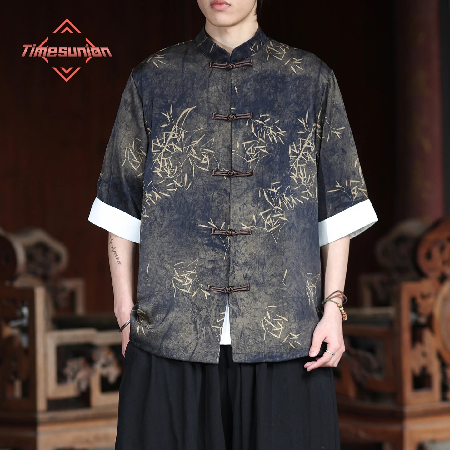

Tie-dye Thin Summer Ice Silk Shirts Man Short Sleeve Retro High end Fashionable Jacquard Tang Suit Top Elegant Versatile Shirt