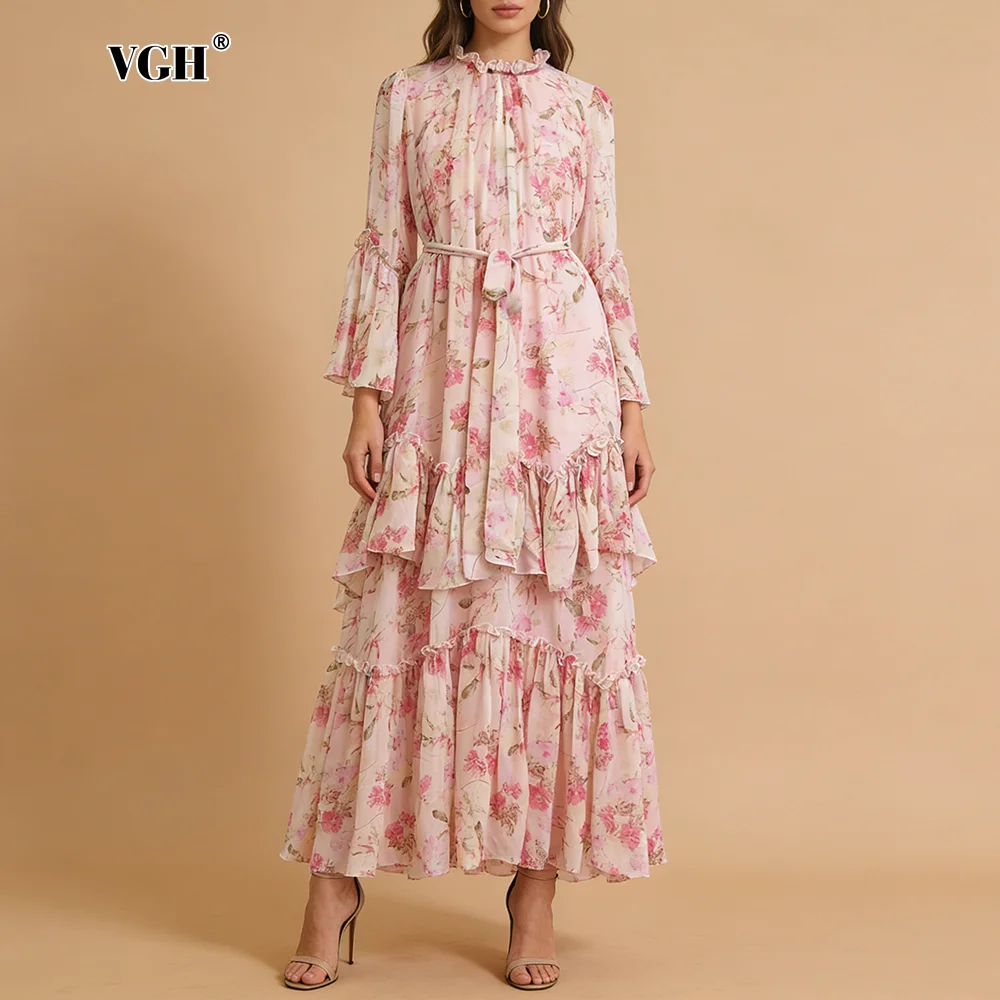 

Элегантное женское платье миди VGH с принтом, оборками по низу, воротником-стойкой, пышными рукавами, шнуровкой и акцентной драпировкой на талии для романтических свиданий