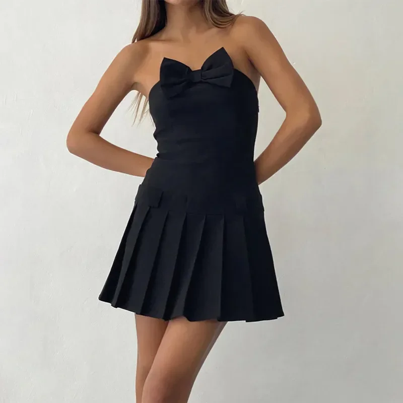 

Summer Women's Mini Dress Solid Color Sleeveless Off Shoulder Bow Tube Top Dress Fashion Evening Party Dress