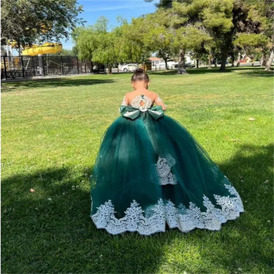 

Зеленое платье с цветочным узором для девочек, кружевное платье с аппликацией и длинными рукавами, длиной до пола, пышные бальные платья для девочек, платье для дня рождения